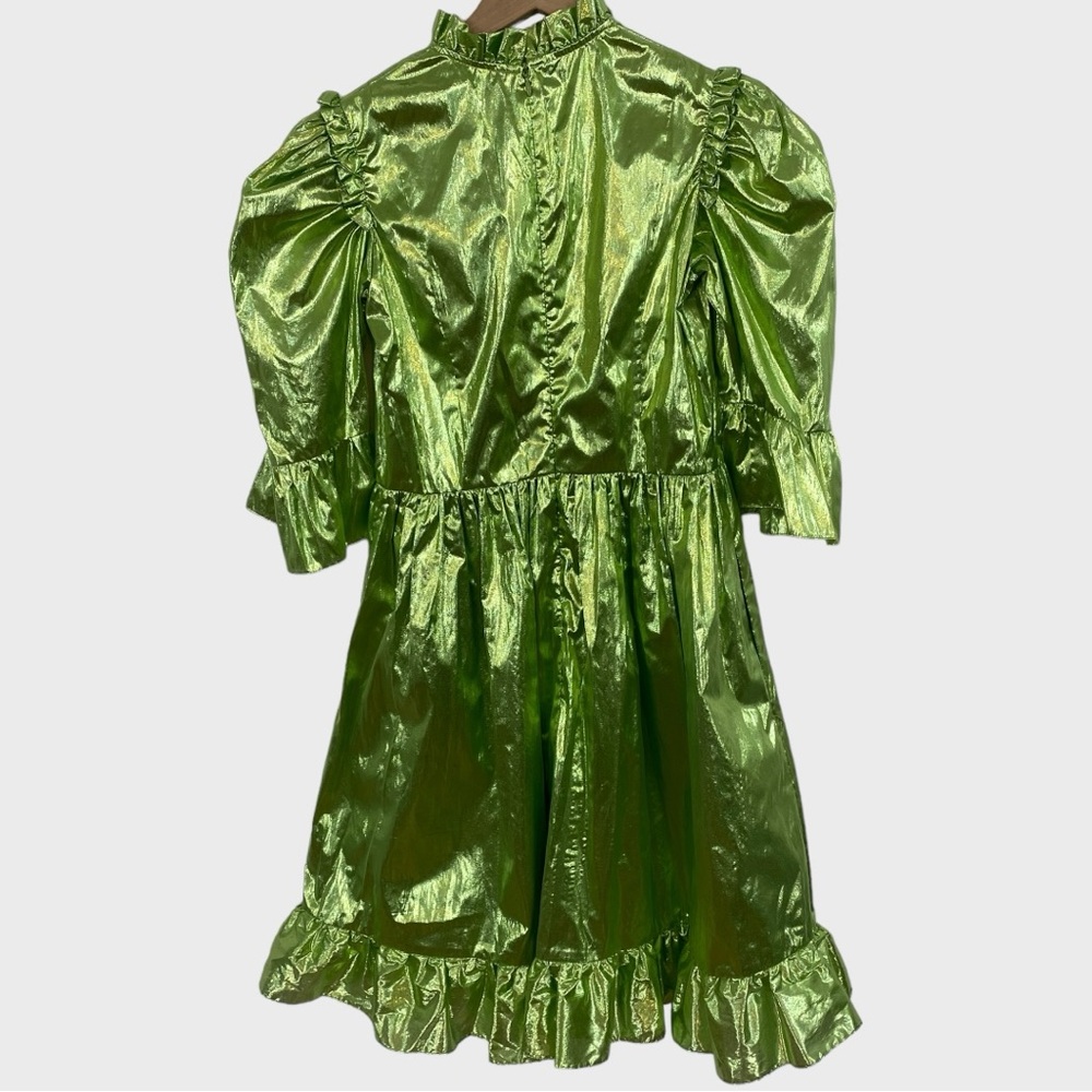Batsheva NWT Metallic Green Ruffled Mini Dress with Pockets Size 2 - Picture 3 of 11
